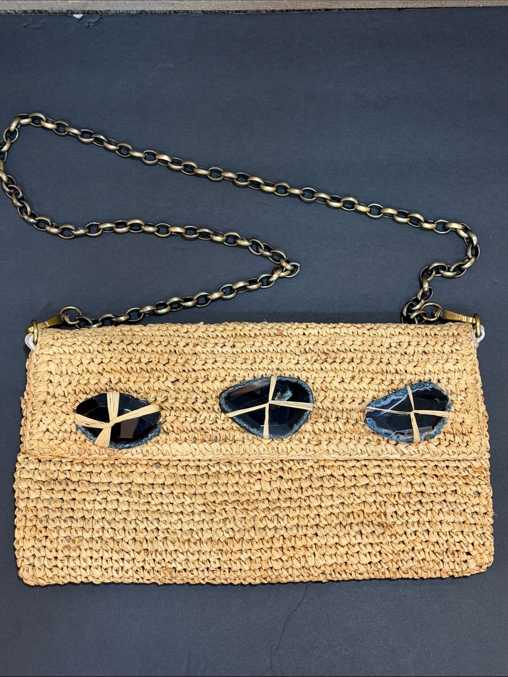 Flora Bella Raffia Clutch Crossbody Removable Chain Agate Stone Resort Bag